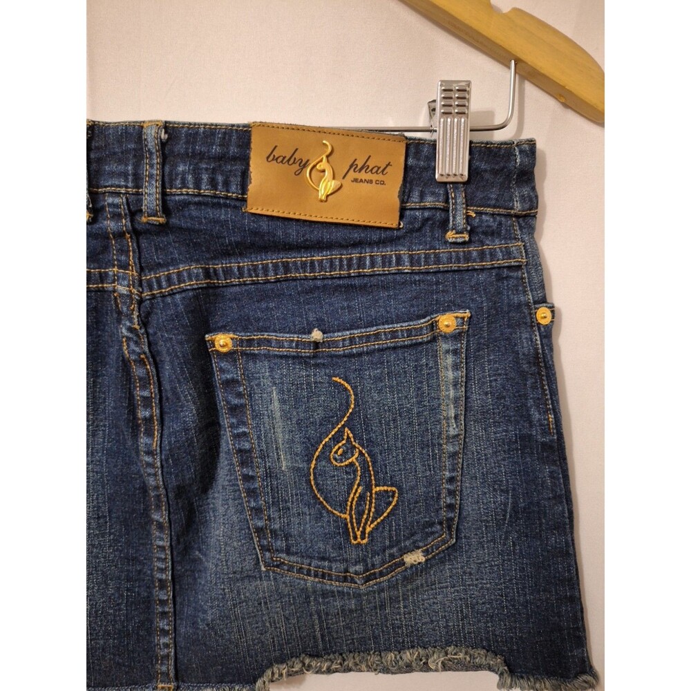Y2K Baby Phat Denim Micro Mini Skirt Sz 3 Cotton Stretch Bratz Distress Cat Logo